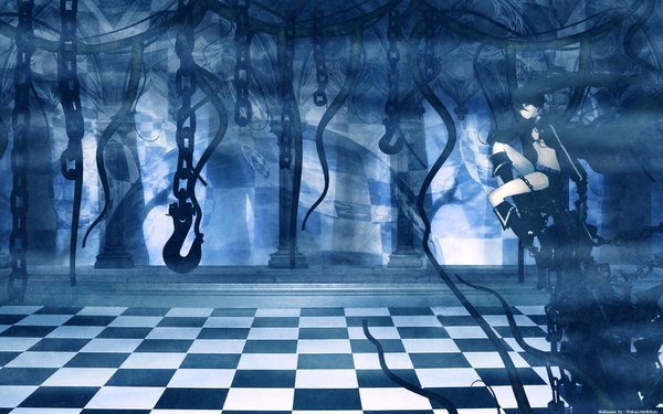 Anime picture 1920x1200 with black rock shooter black rock shooter (character) huke highres blue eyes black hair wide image sitting twintails looking away very long hair glowing blue background glowing eye (eyes) landscape checkered floor checkered checkered background girl shorts