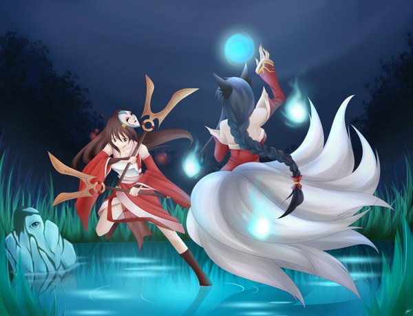 Anime picture 4000x3064 with league of legends ahri (league of legends) akali (league of legends) fuyuume long hair highres brown hair multiple girls brown eyes animal ears blue hair absurdres magic multiple tails girl weapon 2 girls plant (plants) water grass