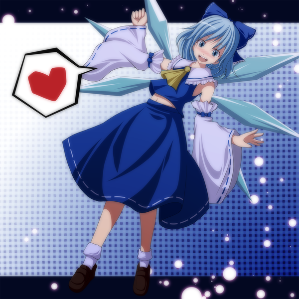 Anime picture 1500x1500 with touhou cirno s-syogo single looking at viewer blush short hair open mouth blue eyes blue hair miko hakurei reimu (cosplay) girl skirt navel bow hair bow detached sleeves heart speech bubble
