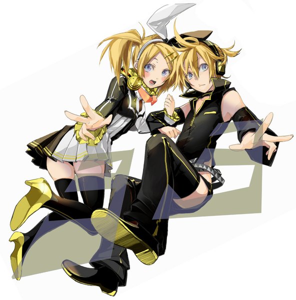 Anime picture 1000x1014 with project diva project diva 2nd vocaloid meltdown (vocaloid) kagamine rin kagamine len hakui (kotori1000) tall image blush short hair open mouth blue eyes blonde hair simple background white background twintails bare shoulders looking away pleated skirt short twintails