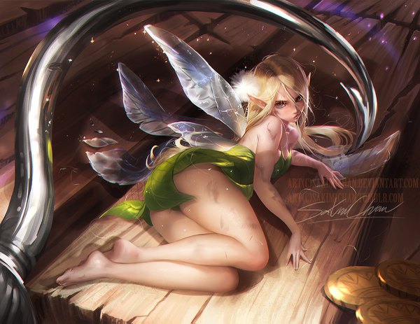 Anime picture 1200x927 with peter pan disney fairies disney tinkerbell (character) sakimichan long hair looking at viewer fringe light erotic blonde hair hair between eyes bare shoulders full body bent knee (knees) ass ponytail head tilt barefoot lips realistic