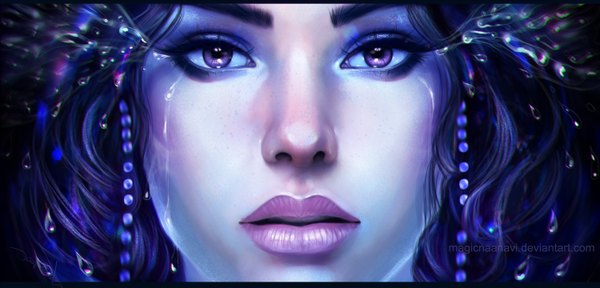 Anime picture 1500x720 with magicnaanavi long hair open mouth wide image purple eyes signed blue hair lips tears close-up face eyeshadow framed girl
