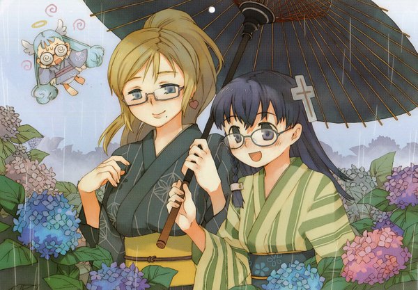 Anime picture 2982x2076 with doki doki majo shinpan lulu (doki doki majo shinpan) abe maria seiya eve tagme (artist) long hair highres multiple girls ponytail traditional clothes japanese clothes scan summer scan artifacts shared umbrella screening girl flower (flowers) glasses kimono
