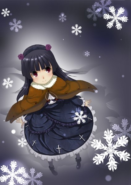 Anime picture 707x1000 with ore no imouto ga konna ni kawaii wake ga nai gokou ruri kiko (weavehabit) single long hair tall image blush fringe black hair smile red eyes from above mole mole under eye girl dress black dress snowflake (snowflakes)