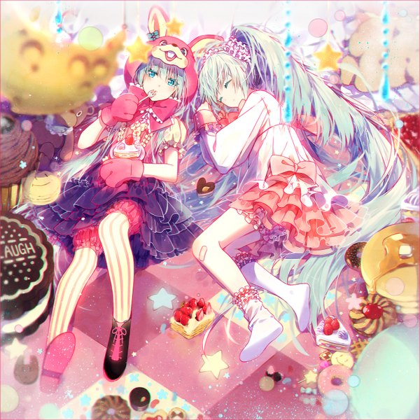 Anime picture 1500x1500 with vocaloid lol -lots of laugh- (vocaloid) hatsune miku hakusai (tiahszld) twintails multiple girls lying eyes closed very long hair aqua eyes aqua hair bandaid on leg girl dress bow 2 girls pantyhose socks food frills