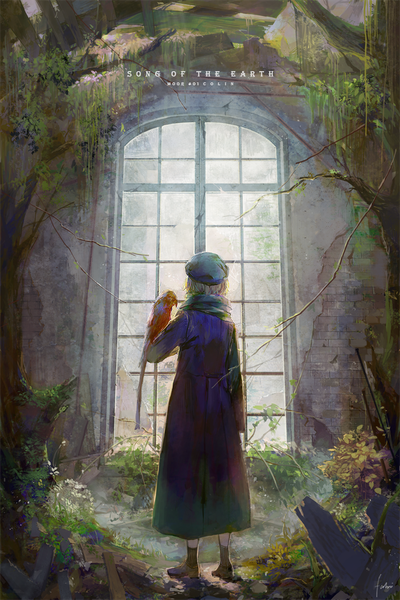 Anime picture 709x1063 with original fabri single tall image short hair blonde hair from behind inscription bird on hand ambiguous gender plant (plants) animal tree (trees) window scarf bird (birds) beret coat parrot