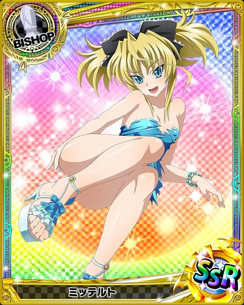 Anime picture 640x800 with highschool dxd mittelt single long hair tall image looking at viewer open mouth blue eyes light erotic blonde hair twintails loli torn clothes card (medium) girl dress bow hair bow sandals