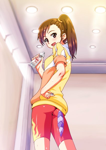 Anime picture 1144x1621 with idolmaster futami mami kaimu (pixiv) single long hair tall image open mouth brown hair standing brown eyes side ponytail girl bottle room bike shorts