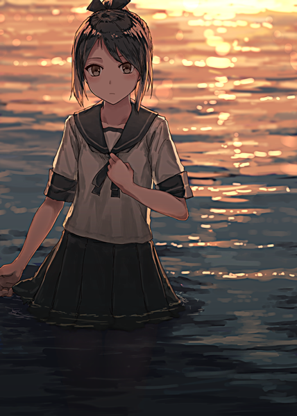 Anime picture 600x840 with kantai collection shikinami destroyer furukawa wanosuke single tall image looking at viewer blush fringe short hair hair between eyes brown hair standing brown eyes ponytail pleated skirt sunlight short sleeves partially submerged hand on chest evening