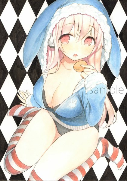 Anime picture 703x1000 with nitroplus super sonico mugicha0929 single long hair tall image blush breasts open mouth light erotic large breasts looking away pink hair pink eyes from above watermark traditional media rhombus sample watermark girl