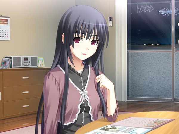 Anime picture 1200x900 with bitter smile. miyatsubashi isaki black hair purple eyes game cg girl