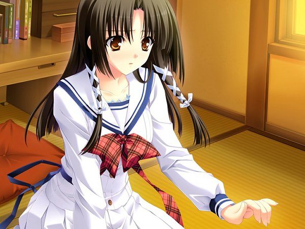 Anime picture 1024x768 with sakura bitmap (game) long hair black hair yellow eyes game cg girl serafuku tatami
