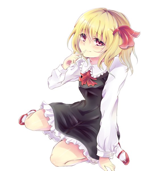 Anime picture 800x908 with touhou rumia takitou single tall image looking at viewer blush fringe blonde hair simple background smile hair between eyes red eyes white background sitting payot arm support finger to mouth wariza girl