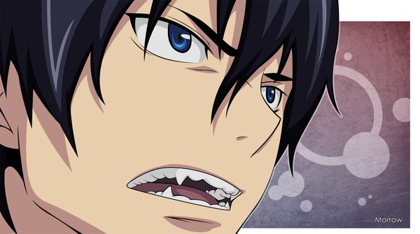 Anime picture 2000x1117 with ao no exorcist a-1 pictures okumura rin morrow single highres short hair blue eyes black hair wide image pointy ears teeth fang (fangs) face angry boy