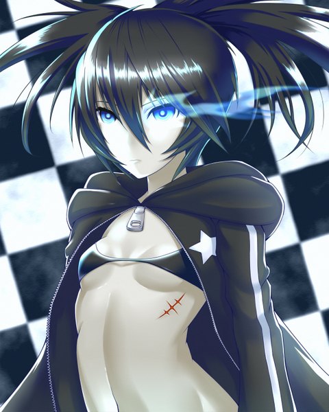 Anime picture 1200x1500 with black rock shooter black rock shooter (character) youkou (artist) single tall image short hair breasts blue eyes light erotic black hair twintails underboob glowing short twintails scar glowing eye (eyes) checkered background girl jacket bikini top