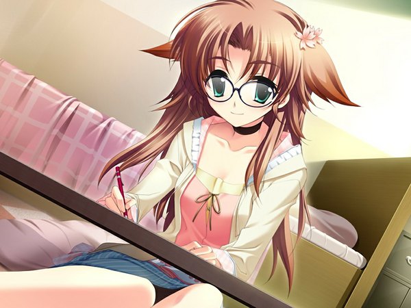 Anime picture 1024x768 with sakura no shippo (game) single long hair smile brown hair green eyes game cg hair flower writing girl hair ornament flower (flowers) choker glasses