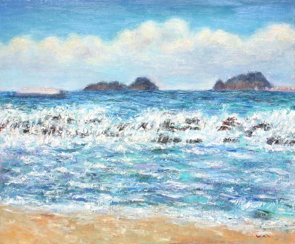 Anime picture 1323x1098 with original keisirou sky cloud (clouds) beach landscape nature traditional media water sea wave (waves)