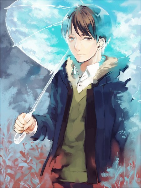Anime picture 800x1067 with tagme (copyright) futami jun single tall image looking at viewer short hair blue eyes brown hair brown eyes open clothes open jacket heterochromia transparent umbrella boy plant (plants) shirt jacket fur umbrella