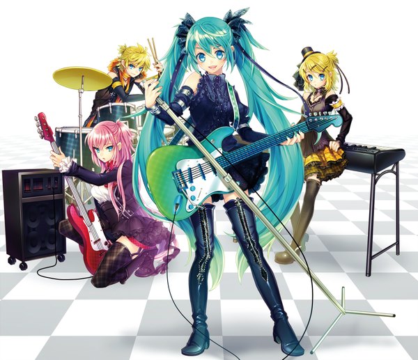 Anime picture 1900x1640 with vocaloid hatsune miku megurine luka kagamine rin kagamine len renta (deja-vu) long hair highres short hair open mouth blue eyes blonde hair twintails multiple girls pink hair aqua hair group band girl thighhighs