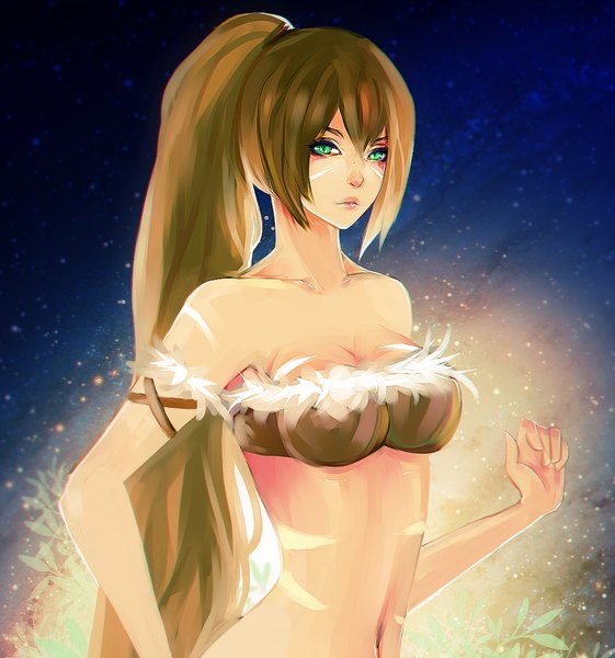 Anime picture 961x1028 with league of legends nidalee (league of legends) lolonuno single long hair tall image looking at viewer brown hair bare shoulders green eyes ponytail hand on hip facial mark girl navel