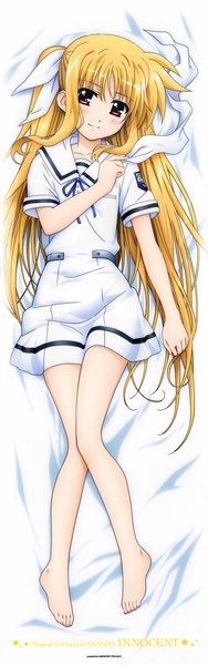 Anime picture 2350x7467 with mahou shoujo lyrical nanoha fate testarossa okuda yasuhiro single long hair tall image looking at viewer blush highres blonde hair red eyes full body barefoot bare legs dakimakura (medium) girl uniform bow hair bow school uniform