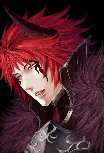 Anime picture 738x1082 with original lsupernova single tall image short hair simple background yellow eyes red hair horn (horns) lips tattoo black background face boy armor