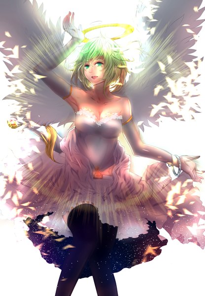 Anime picture 2840x4093 with original ase tou mi kaameru single tall image looking at viewer blush highres short hair open mouth simple background smile white background bare shoulders green eyes cleavage green hair armpit (armpits) angel wings angel girl