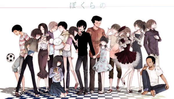 Anime picture 2100x1200 with bokurano coemushi chizuru honda masaru kodaka ushiro jun ano maki kirie yousuke komoda takami moji kunihiko nakarai mako tokosumi aiko yamura daiichi yoshikawa kanji highres wide image white background group checkered floor ball kazune (flowen)