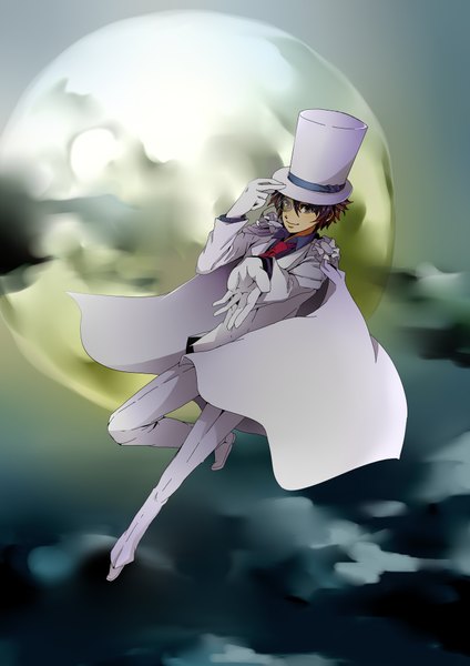 Anime picture 1364x1929 with detective conan magic kaito kaito kid tagme (artist) single tall image short hair brown hair cloud (clouds) night outstretched arm boy gloves moon pants cloak full moon suit top hat monocle