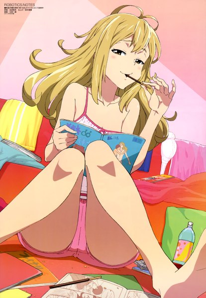Anime picture 4085x5910 with robotics;notes production i.g megami magazine koujiro frau single long hair tall image blush highres light erotic blonde hair sitting brown eyes absurdres official art girl shorts sweets pocky manga (object)