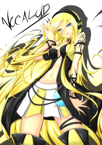 Anime picture 1000x1414 with vocaloid lily (vocaloid) inu3 single long hair tall image looking at viewer breasts blue eyes simple background blonde hair smile nail polish fingernails no bra tattoo text glowing looking down wavy hair