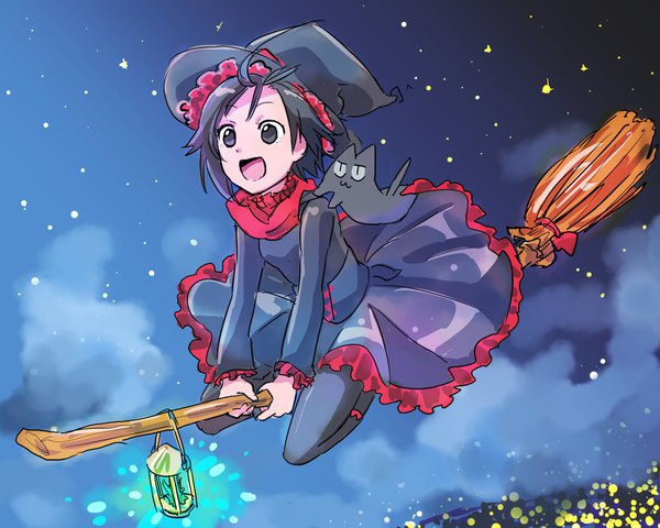 Anime picture 2000x1600 with rwby gonzo rooster teeth ruby rose moromoimaru single highres short hair black hair looking away sky cloud (clouds) full body ahoge black eyes night arm support flying city lights broom riding