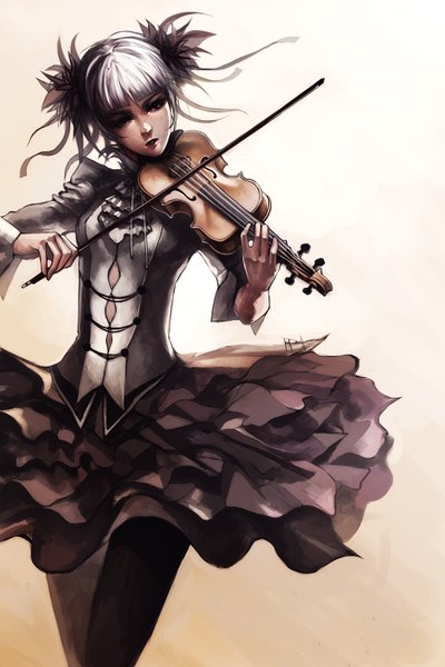 Anime picture 1000x1500 with original ninjatic single tall image fringe short hair simple background brown eyes white hair music girl skirt hair ornament pantyhose frills violin bow (instrument)
