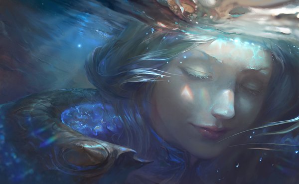 Anime picture 2000x1233 with league of legends lux (league of legends) su-ke (artist) single highres short hair smile wide image eyes closed lips realistic underwater girl