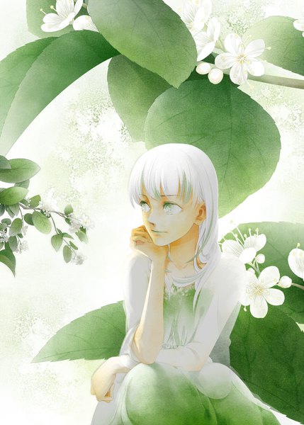 Anime picture 650x909 with original yuki. (artist) single long hair tall image fringe sitting green eyes looking away upper body white hair arm support lipstick eyeshadow green lipstick girl dress flower (flowers) leaf (leaves) transparent clothing
