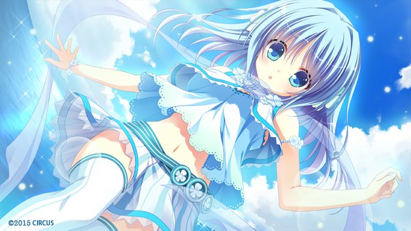 Anime picture 800x450 with d.s. -dal segno- circus (studio) ame (d.s. -dal segno-) single long hair blush blue eyes wide image bare shoulders blue hair game cg sky cloud (clouds) bare belly :o sparkle from below dutch angle spread arms 2015