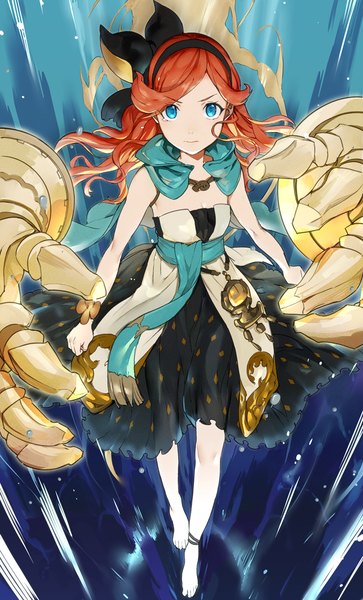 Anime picture 700x1157 with granblue fantasy sara (granblue fantasy) grafos mikurou (nayuta) long hair tall image looking at viewer blue eyes barefoot orange hair bare legs walking girl dress bow ribbon (ribbons) hair bow hair ribbon hairband detached collar