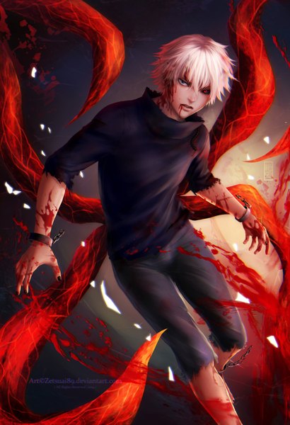 Anime picture 1600x2339 with tokyo ghoul studio pierrot kaneki ken zetsuai89 single tall image looking at viewer fringe short hair blue eyes hair between eyes red eyes signed white hair parted lips barefoot realistic torn clothes blood on face boy