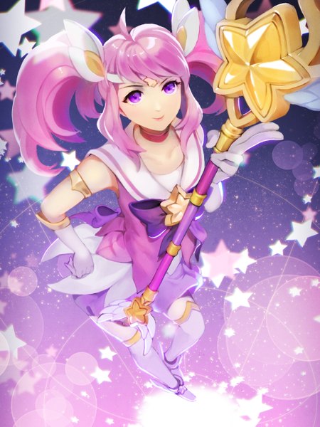 Anime picture 1000x1333 with league of legends lux (league of legends) star guardian lux dakun87 (artist) single long hair tall image fringe smile purple eyes pink hair from above girl dress gloves white gloves staff