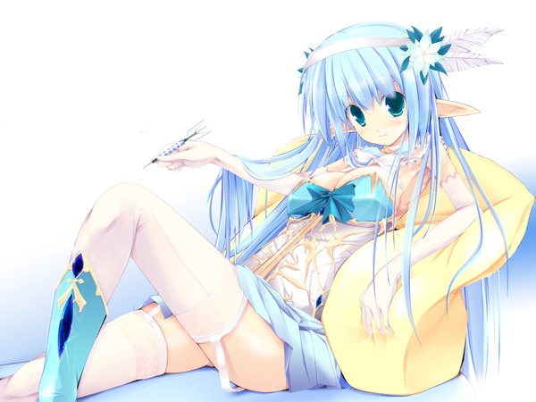 Anime picture 1120x840 with kuon itsuki light erotic white background green eyes blue hair hair flower pointy ears elf girl thighhighs hair ornament flower (flowers) white thighhighs