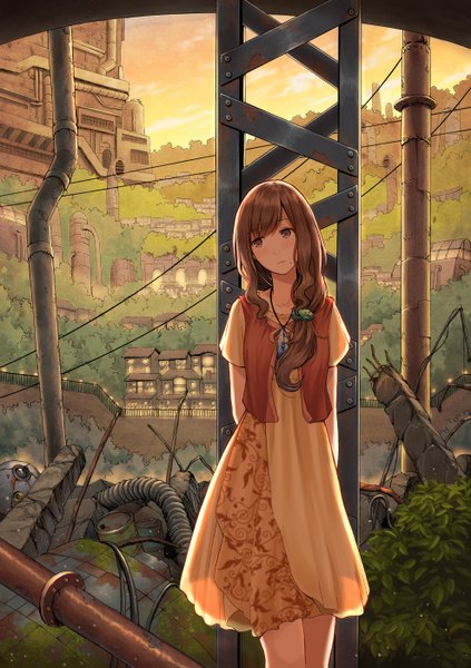 Anime picture 988x1400 with original duke (pixiv id2933965) single long hair tall image blush fringe brown hair brown eyes looking away outdoors head tilt sunlight hands behind back girl dress plant (plants) tree (trees) hairclip building (buildings)