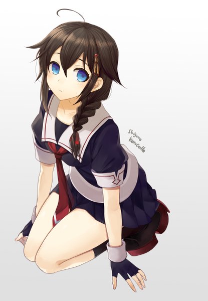 Anime picture 831x1200 with kantai collection shigure destroyer harano single long hair tall image looking at viewer blue eyes black hair white background braid (braids) grey background gradient background remodel (kantai collection) girl skirt gloves uniform school uniform fingerless gloves