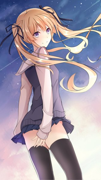 Anime picture 1920x3413 with saenai heroine no sodatekata a-1 pictures sawamura spencer eriri guanghe zuoyong de de yezi single long hair tall image fringe highres blonde hair smile standing twintails purple eyes payot pleated skirt looking back night zettai ryouiki night sky