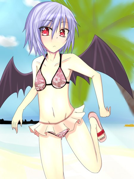 Anime picture 1500x2000 with touhou remilia scarlet raisei (artist) single tall image fringe short hair hair between eyes red eyes purple hair legs beach girl navel swimsuit wings sandals