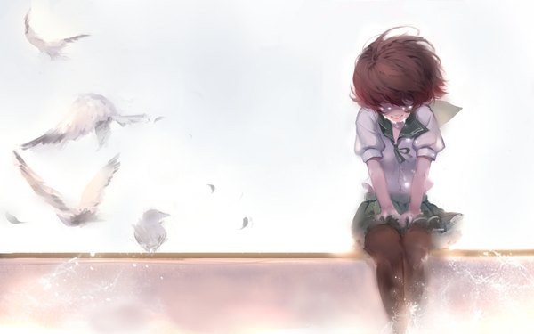 Anime picture 1920x1200 with kantai collection mutsuki destroyer sola7764 fringe highres short hair brown hair sitting bent knee (knees) pleated skirt wind tears flying crying girl skirt animal bird (birds) sailor suit