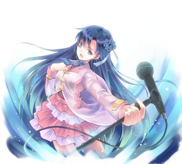 Anime picture 1600x1444 with idolmaster kisaragi chihaya minasato hibiki single long hair looking at viewer open mouth blue eyes white background blue hair hair flower girl dress hair ornament flower (flowers) microphone