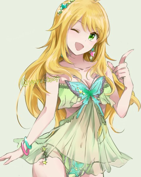 Anime picture 1280x1600 with idolmaster hoshii miki yoshiyoshi (yuyu0805p) single long hair tall image open mouth light erotic simple background blonde hair bare shoulders green eyes signed one eye closed wink underboob green background girl underwear panties