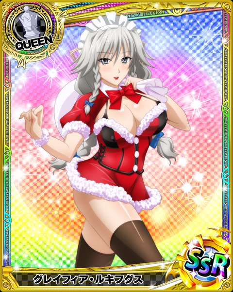 Anime picture 640x800 with highschool dxd grayfia lucifuge single long hair tall image looking at viewer blush breasts light erotic large breasts braid (braids) grey hair grey eyes christmas card (medium) girl thighhighs dress bow black thighhighs