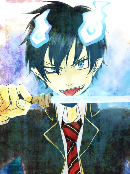 Anime picture 1200x1600 with ao no exorcist a-1 pictures okumura rin tall image blue eyes black hair simple background pointy ears licking sword necktie tongue flame