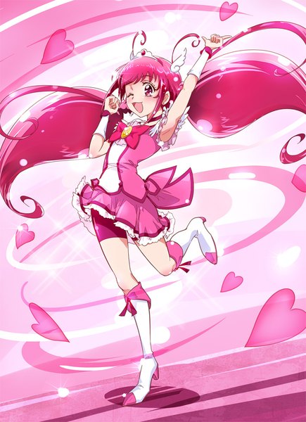 Anime picture 726x1000 with precure smile precure! toei animation hoshizora miyuki cure happy mousoup single long hair tall image blush fringe open mouth standing twintails pink hair bent knee (knees) one eye closed pink eyes arm up standing on one leg